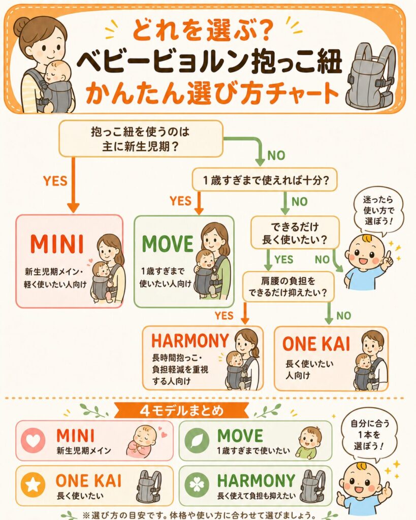 ベビービョルン抱っこ紐の選び方フローチャート。使用期間や使い方に合わせてMINI、MOVE、ONE KAI、HARMONYを選ぶための図解