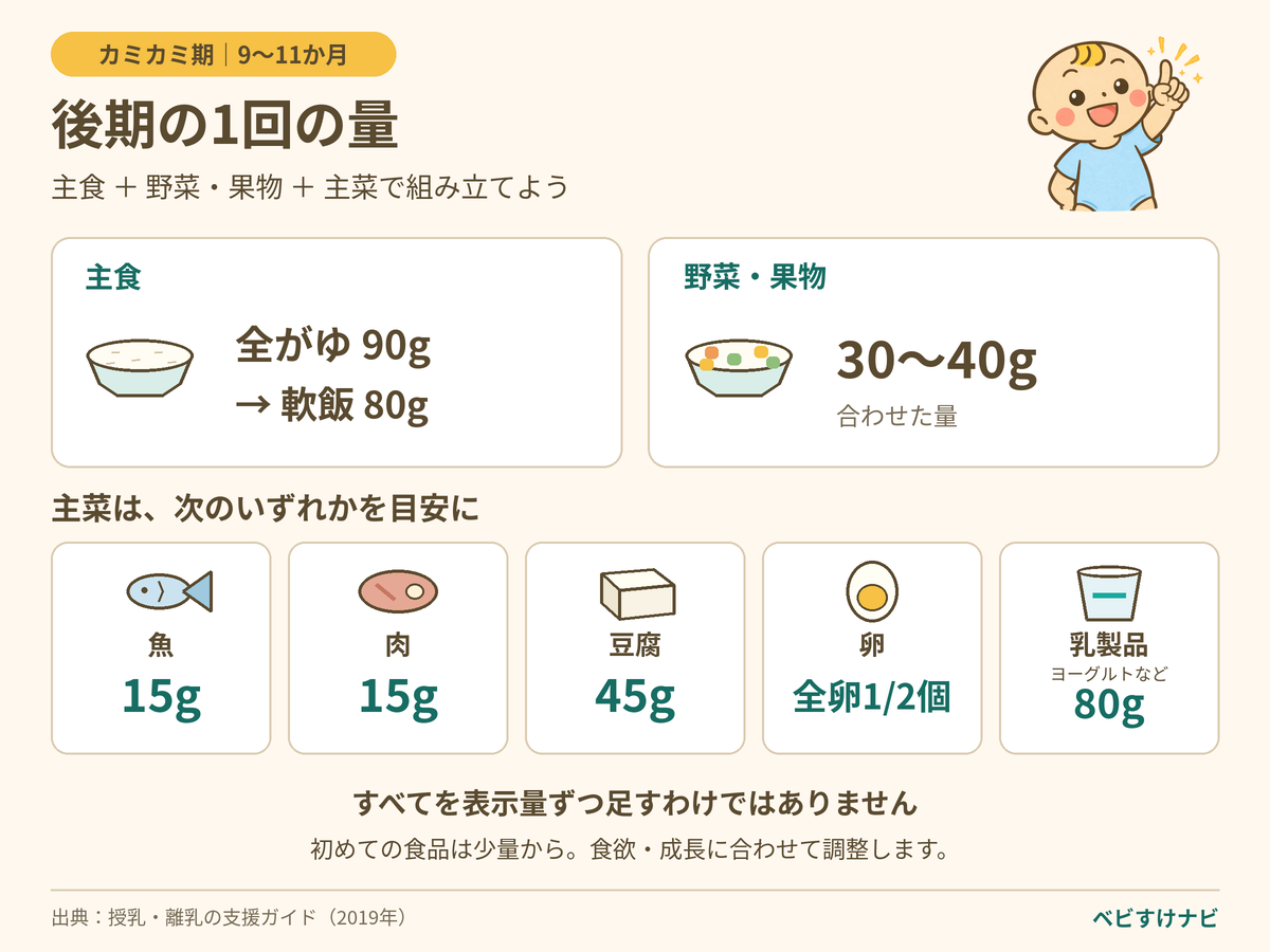 離乳食後期9〜11か月の1回の量の目安。全がゆ90gから軟飯80gへ、野菜・果物30〜40g。主菜は魚15g、肉15g、豆腐45g、全卵2分の1個、乳製品80gのいずれかを目安に選ぶ。初めての食品の量ではない。