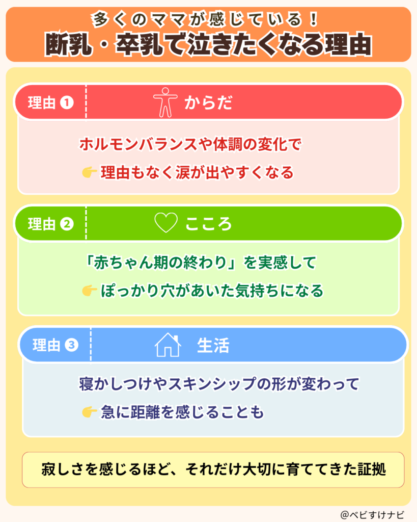 断乳・卒乳が寂しくなる理由をホルモン変化・親子の節目・生活リズムの変化の3つでまとめた図