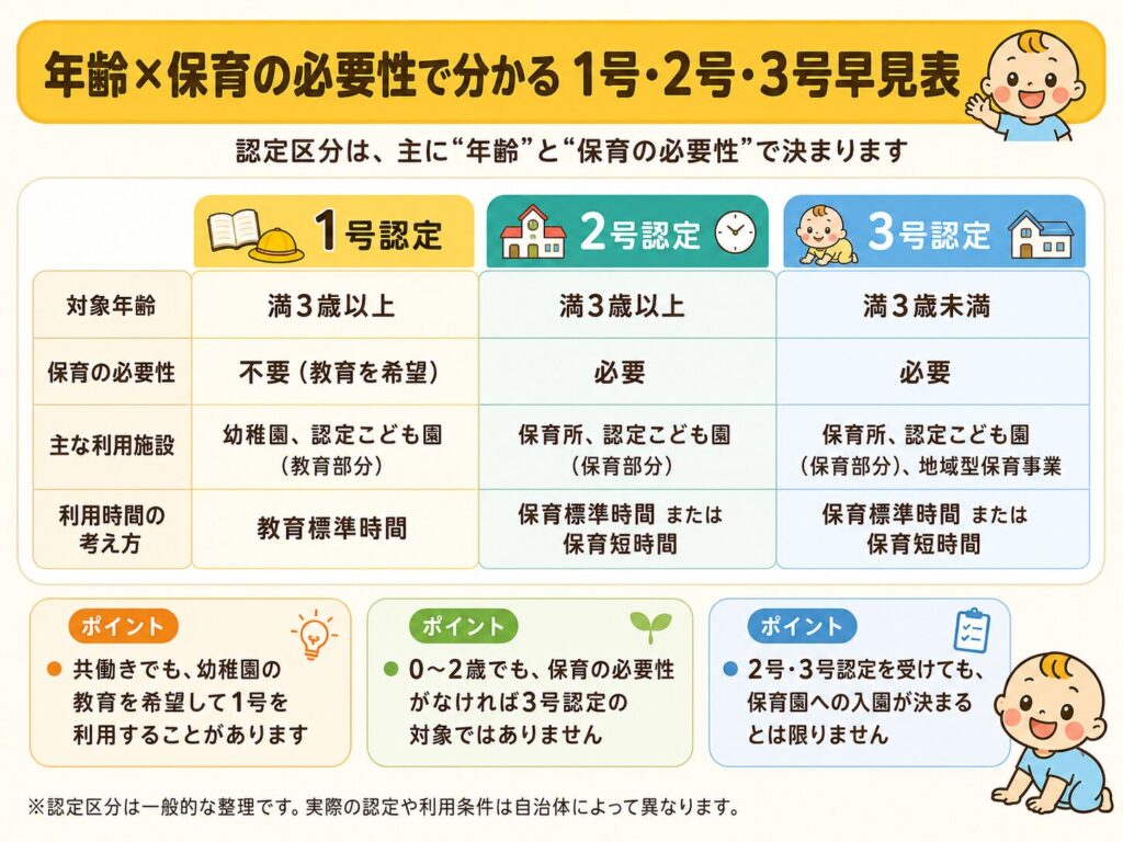 1号認定・2号認定・3号認定の違いを年齢と保育の必要性で比較した早見表