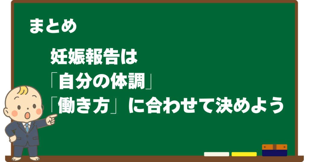 「自分の体調」と「働き方」に合わせて決めようという、まとめを解説する黒板デザインの見出し画像(ベビすけのイラスト付き)