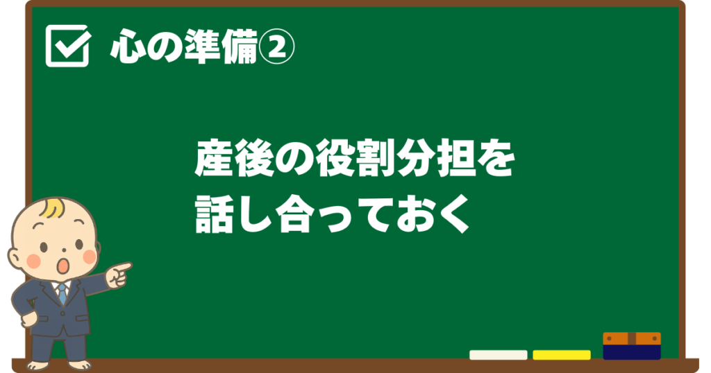 心の準備② 産後の役割分担を話し合っておくことを解説する黒板デザインの見出し画像（ベビすけのイラスト付き）