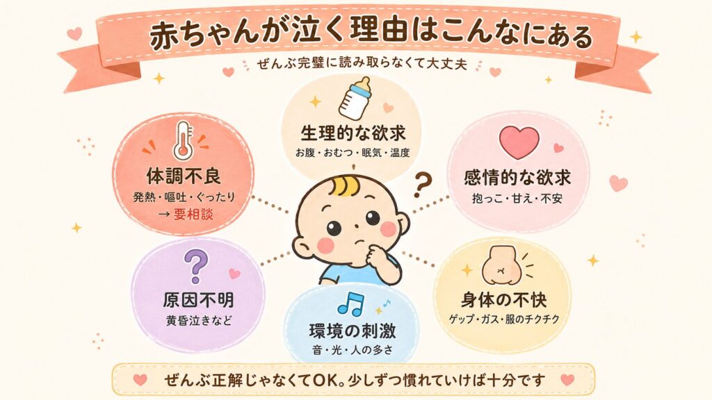 赤ちゃんが泣く主な理由（空腹・眠気・不快・甘え・体調不良）をまとめた図解