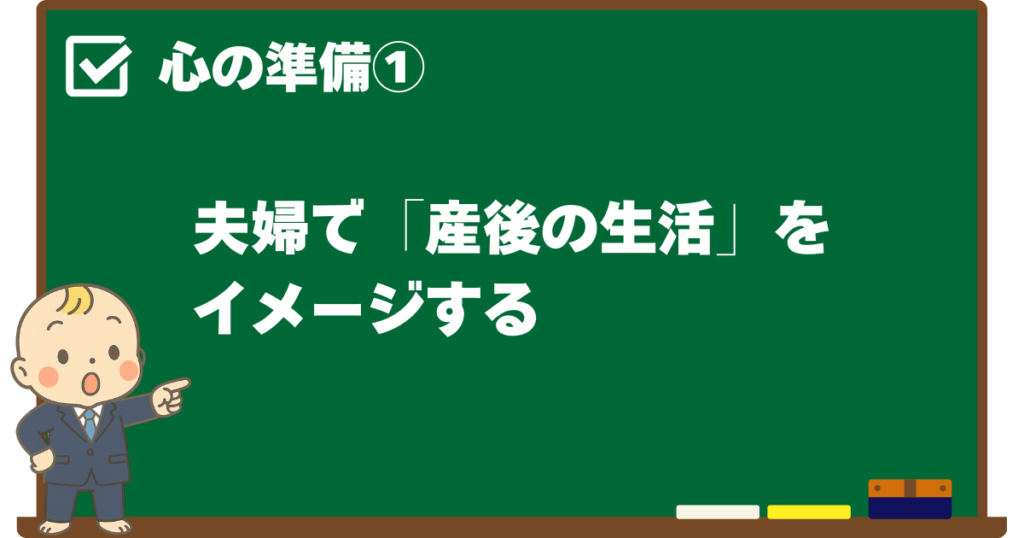 心の準備① 夫婦で「産後の生活」をイメージすることを解説する黒板デザインの見出し画像（ベビすけのイラスト付き）