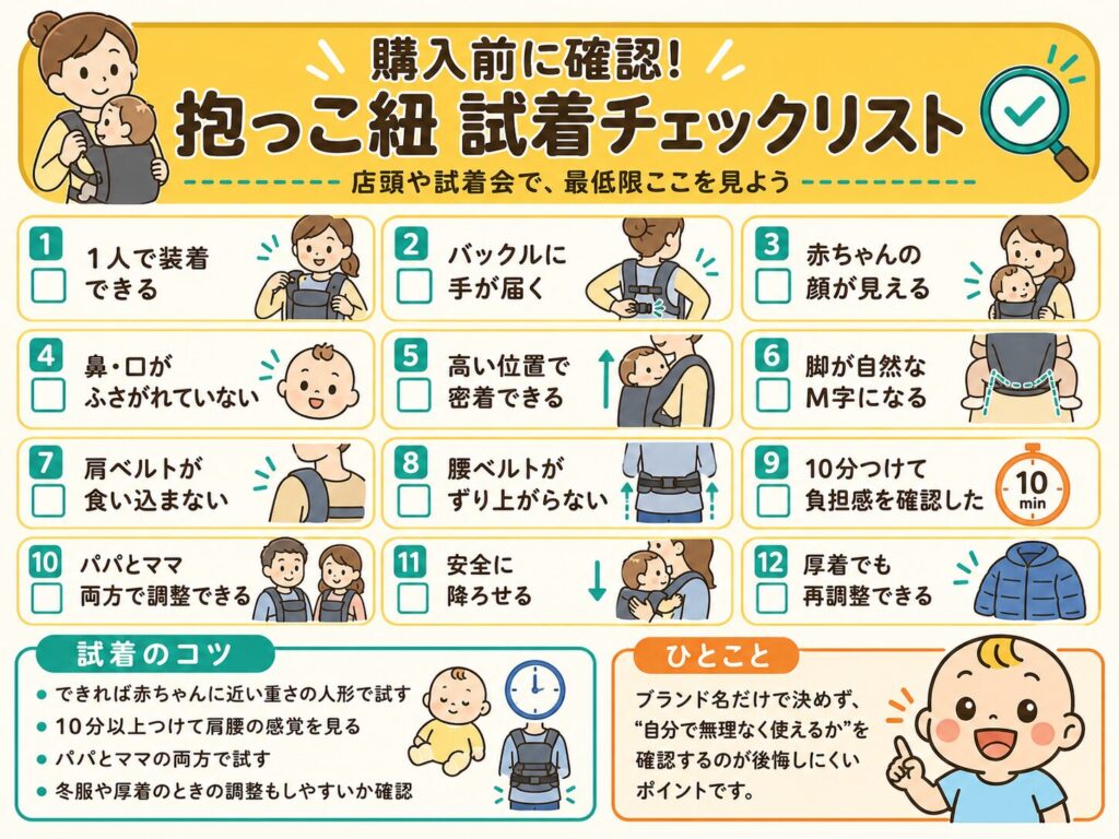 抱っこ紐を購入前に試着で確認する12のチェック項目の図解