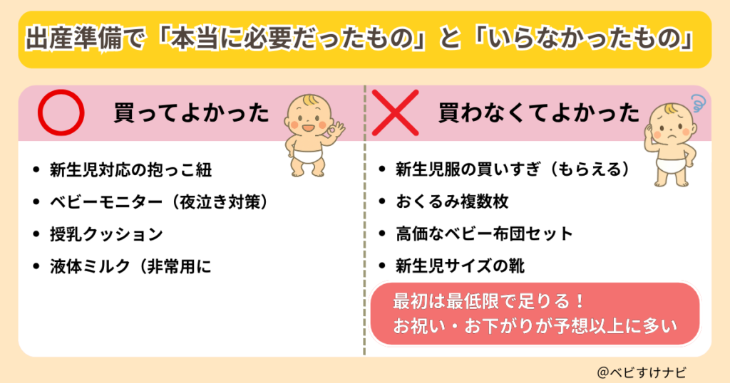 出産準備で買ってよかったものと買わなくてもよかったものの比較図解