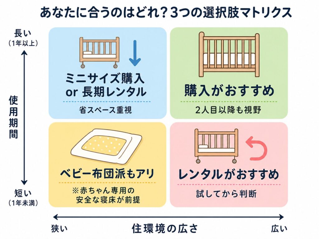 ベビーベッドの選び方を住環境と使用期間で示したマトリクス図