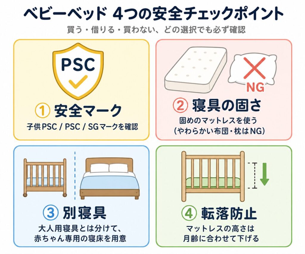 ベビーベッド使用時に確認すべき4つの安全ポイントを示した図解
