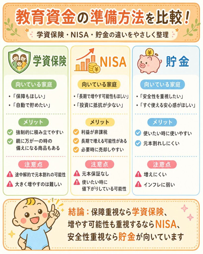 学資保険・NISA・貯金の違いを比較した図解