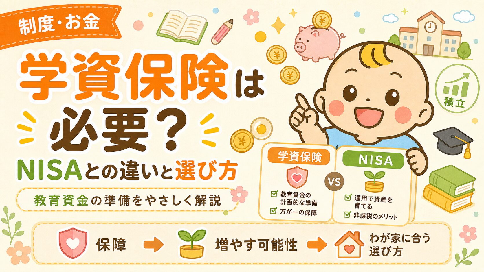 学資保険とNISAの違いや選び方を解説するベビすけナビの教育資金ガイドのアイキャッチ画像