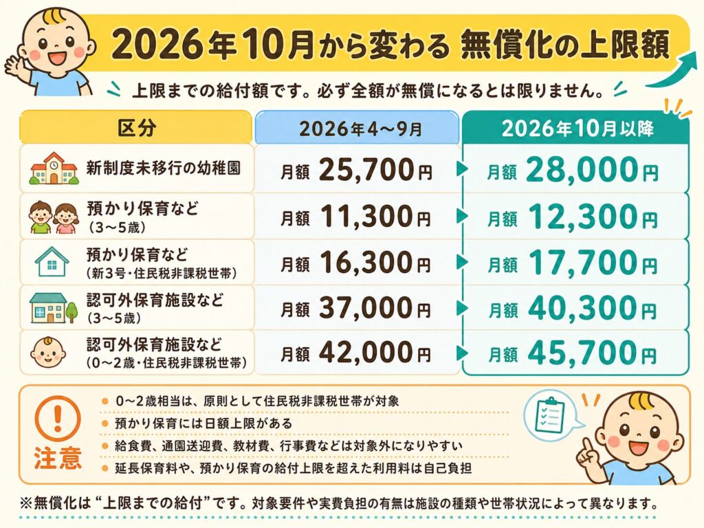 change.webp
2026年10月から変わる幼児教育・保育無償化の上限額を比較した表