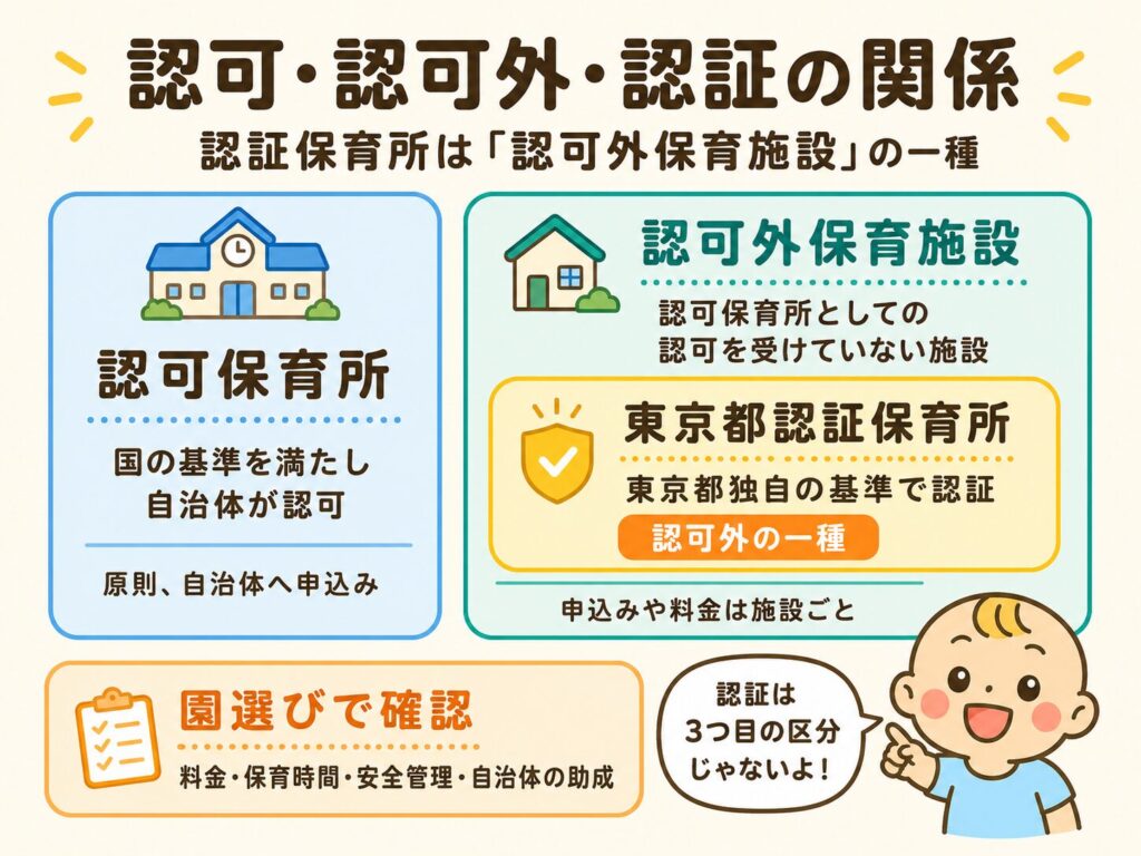 認可保育所と認可外保育施設の関係の中で、東京都認証保育所が認可外保育施設の一種であることを示した図解