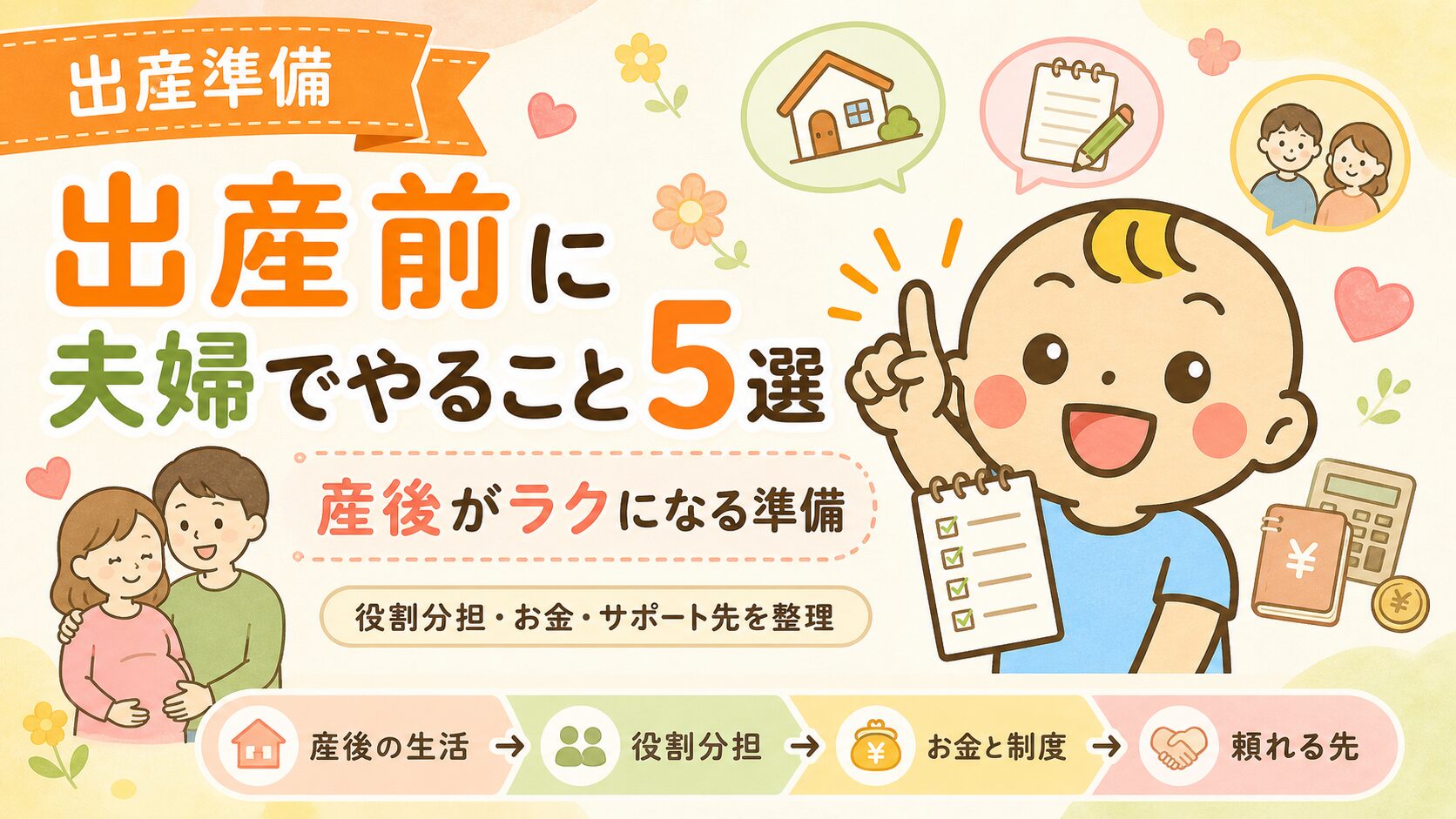 出産前に夫婦で話し合いたい準備内容をわかりやすく伝えるベビすけナビのアイキャッチ画像