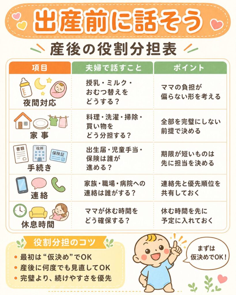 産後の家事育児の役割分担を夫婦で話し合うための表