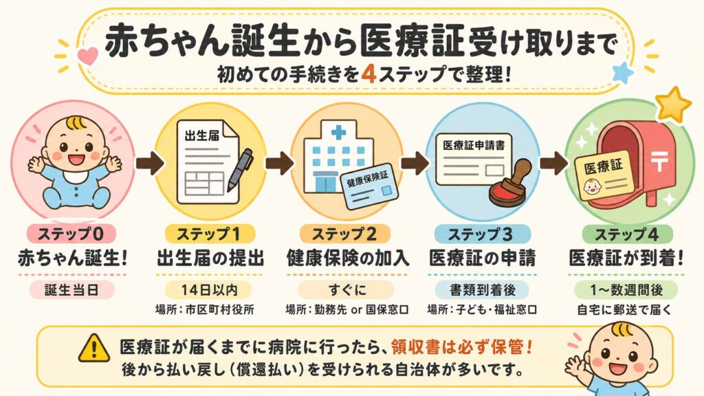 赤ちゃんの出生から医療証を受け取るまでの流れ(出生届→健康保険加入→医療証申請→受け取り)を時系列で示した図解