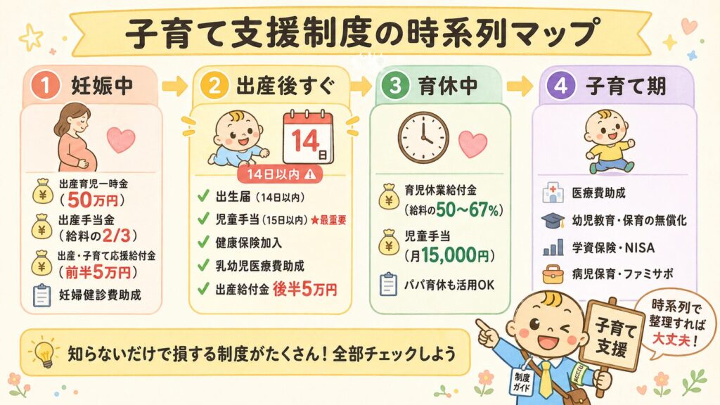 子育てでもらえるお金と使える制度を時系列でまとめた全体マップ図解
