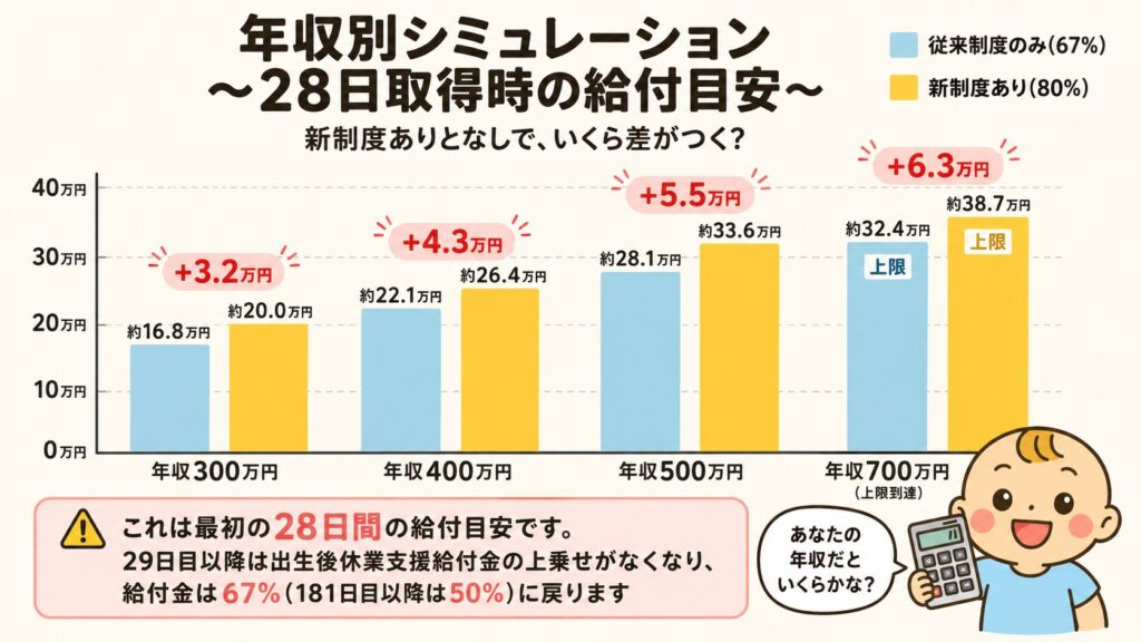 年収300万・400万・500万・700万円の場合の28日取得時の給付金シミュレーションを示した棒グラフ図解