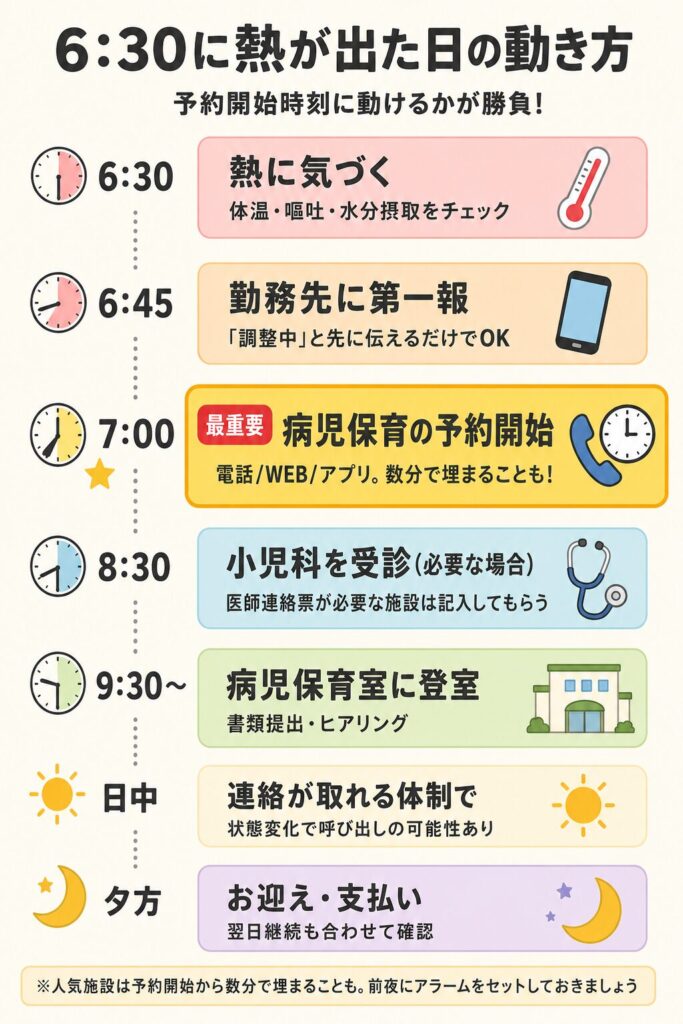 病児保育を使う当日朝のタイムテーブル(6時30分の発熱発見から夕方のお迎えまでの動きを示した図解)