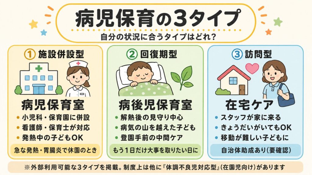 病児保育3タイプ（施設併設型・回復期型・訪問型）の違いを示した比較図