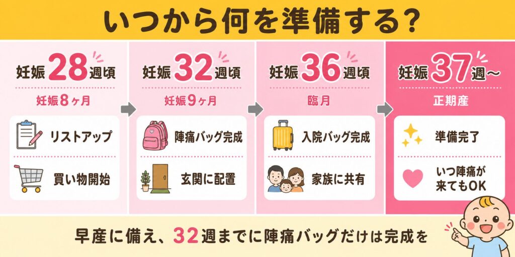 陣痛・入院バッグの準備タイムラインを妊娠28週から37週まで4ステップで示した図解
