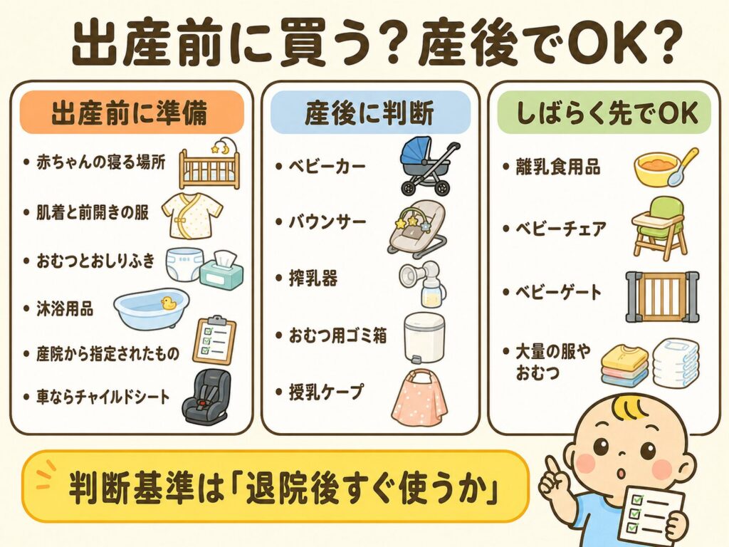 出産前に準備するもの・産後に判断するもの・しばらく先でよいものを比較した図解