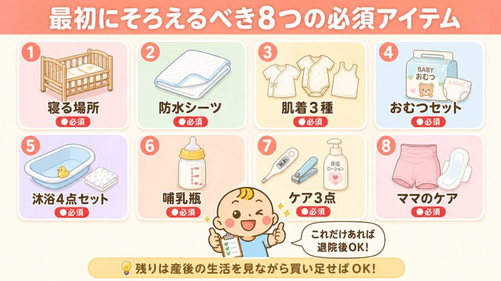退院後すぐ使う必須8アイテム（寝具・肌着・おむつ・哺乳瓶など）の一覧図解
