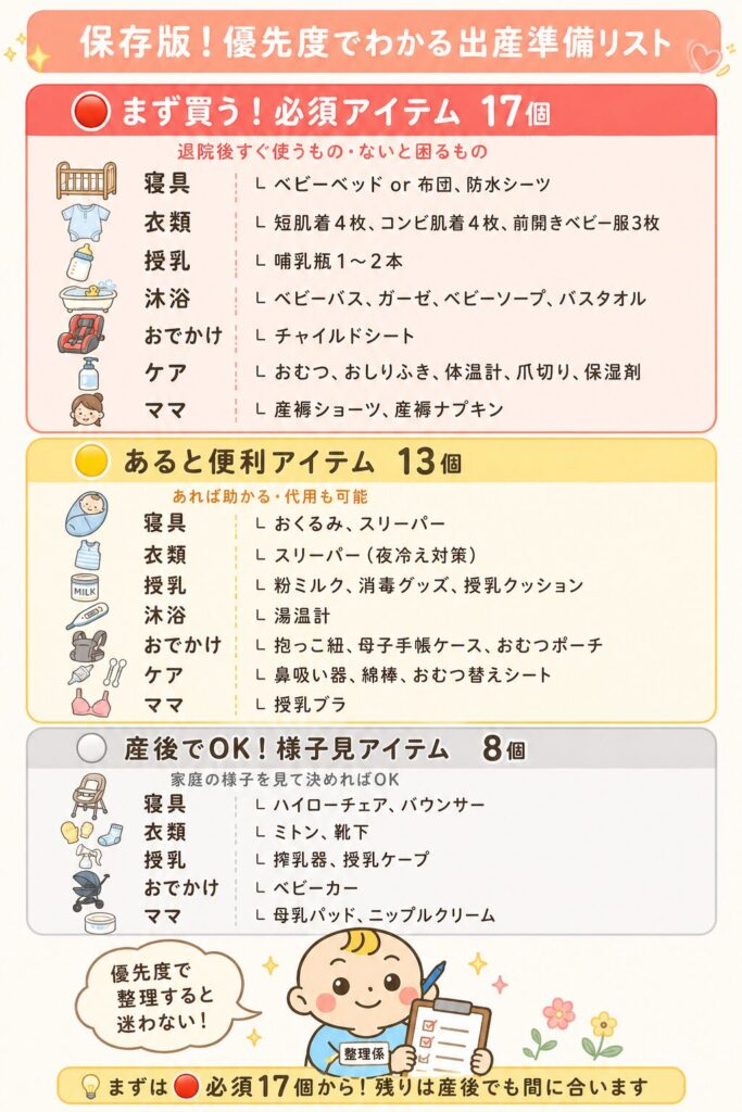 出産準備の必須・便利・様子見の3つの優先度別にアイテムをまとめたチェックリスト図解
