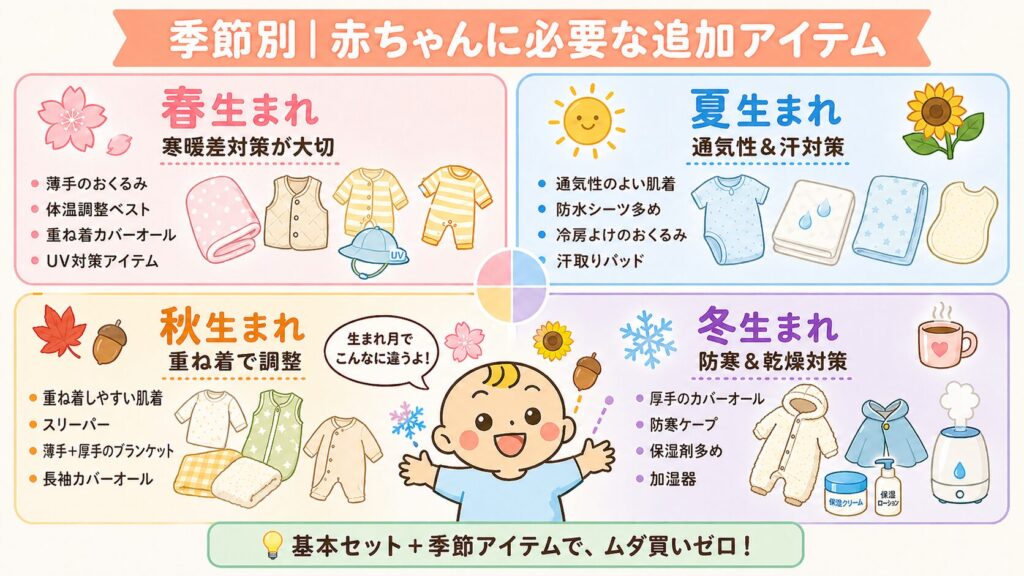 春夏秋冬の生まれ別に必要な追加アイテムを比較した図解
