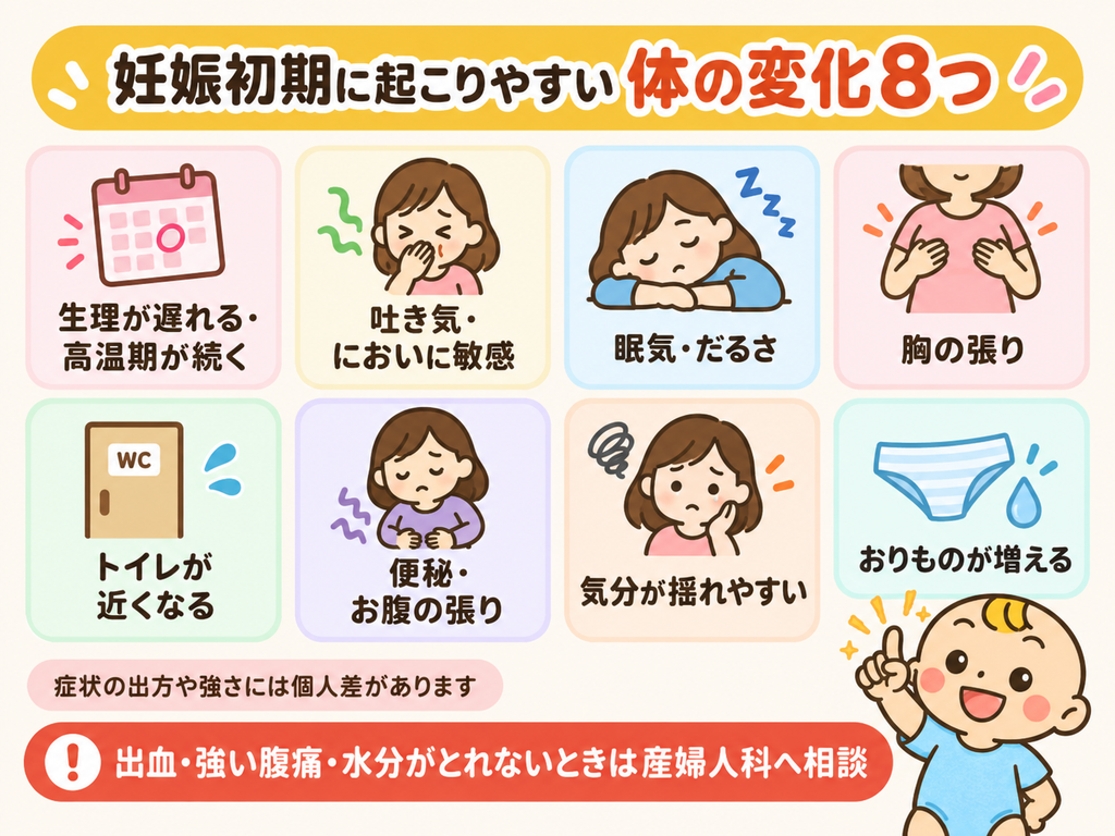 妊娠初期に起こりやすい体の変化8つと産婦人科へ相談したい症状をまとめた図解