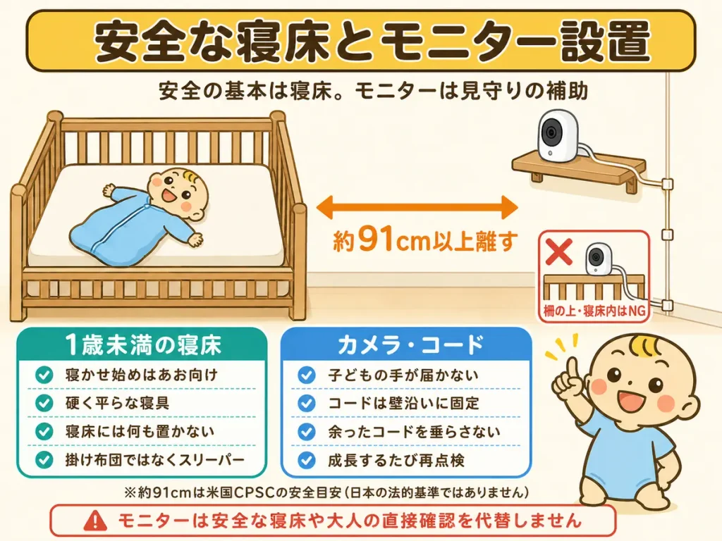 安全な寝床とベビーモニター・電源コードの設置方法