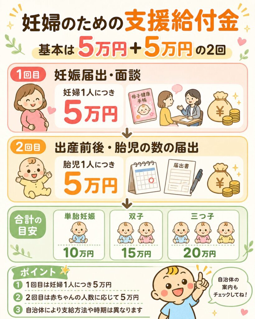 妊婦のための支援給付金の5万円と5万円の支給タイミング図解