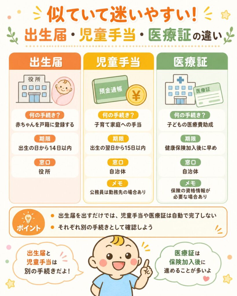 出生届と児童手当と医療証の違いを比較した図解