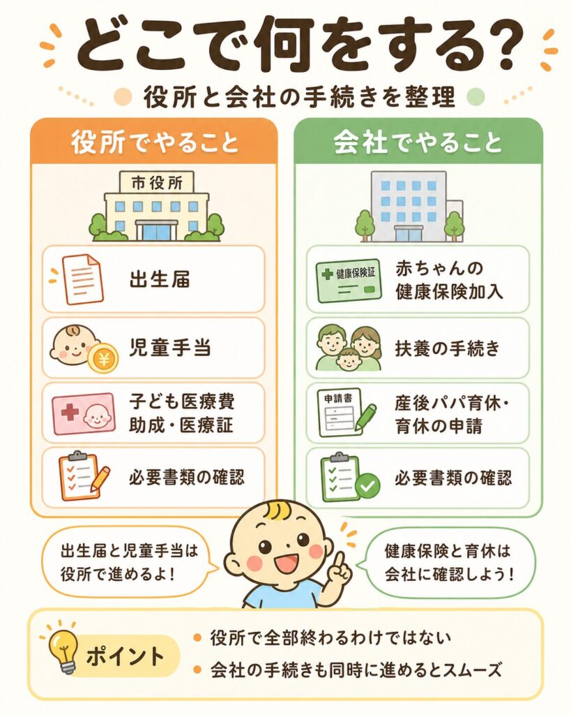 産後の手続きを役所と勤務先に分けて整理した比較表