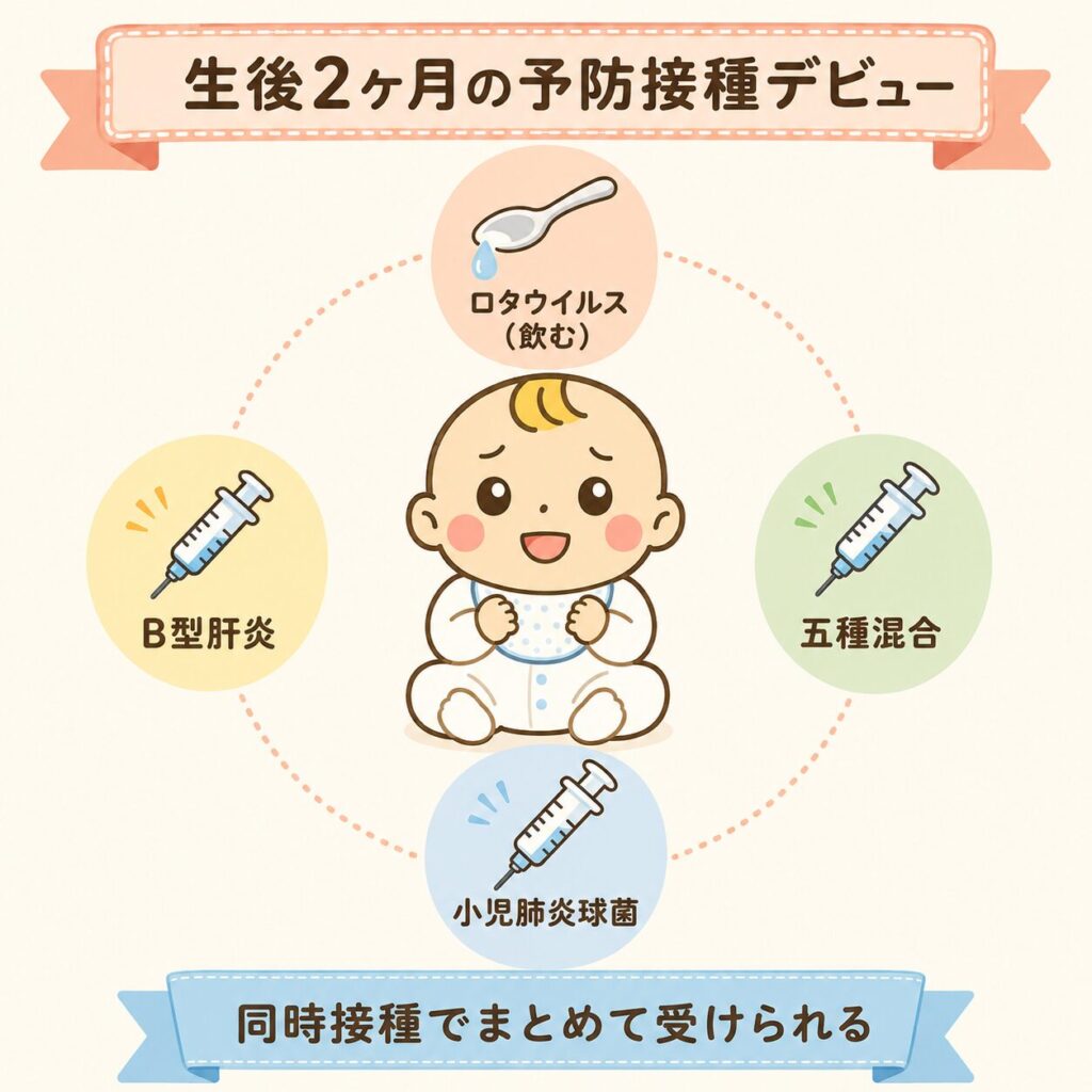 生後2ヶ月でデビューする4つのワクチン（ロタ・五種混合・小児肺炎球菌・B型肝炎）をまとめた図解