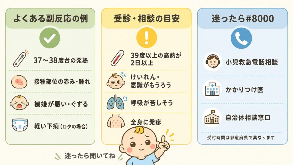 予防接種後によくある反応と受診・相談の目安をまとめた図解