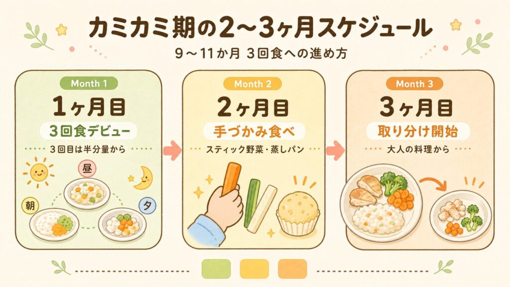 ミカミ期2〜3ヶ月のスケジュール 3回食への移行から手づかみ食べ完成までの進め方マップ