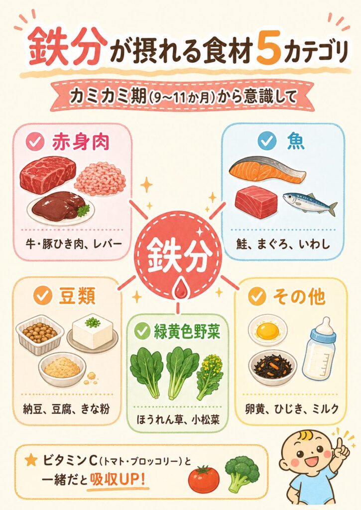カミカミ期に意識したい鉄分豊富な食材リストの図解