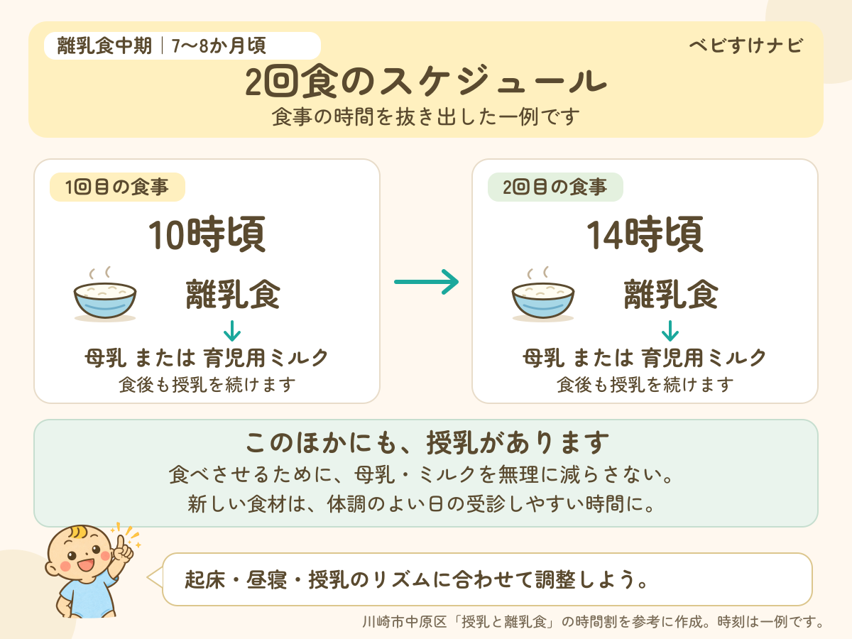離乳食中期の2回食スケジュール例。10時頃と14時頃に離乳食を食べ、その後に母乳または育児用ミルクを与える。このほかの授乳も続け、生活に合わせて時間を調整する。