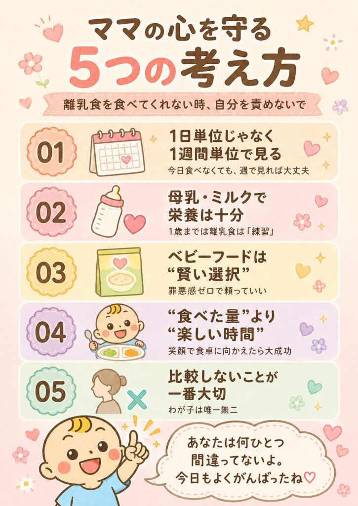 離乳食を食べない時に親の心を守る5つの考え方を示した図解