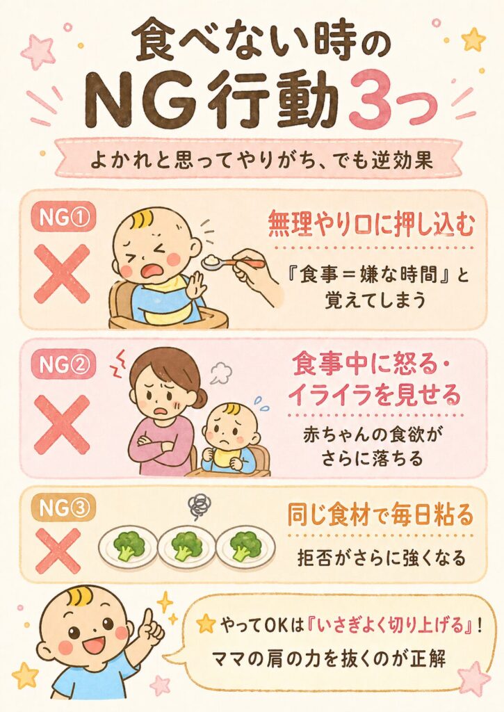 離乳食を食べない時にやってはいけないNG行動3つを示した図解