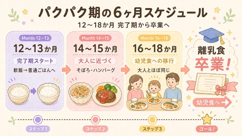 パクパク期6ヶ月のスケジュール 完了期から幼児食卒業までの進め方マップ
