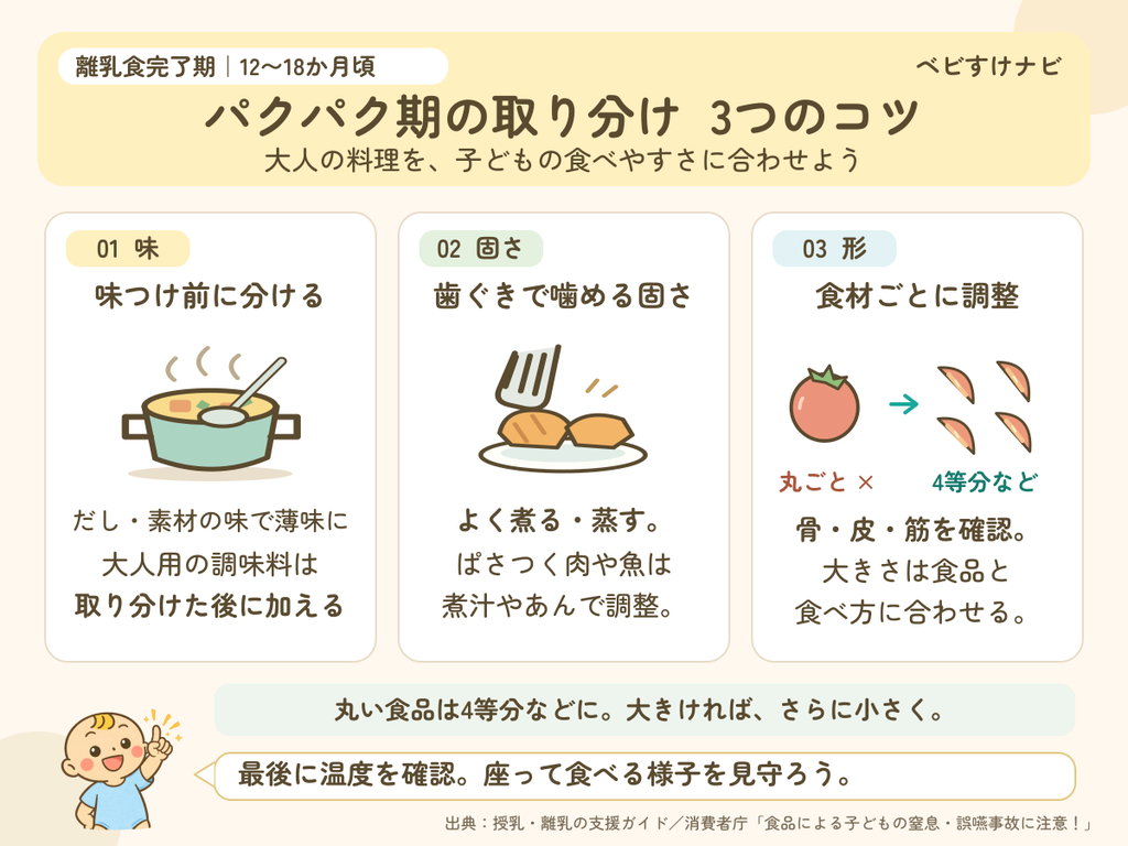 離乳食完了期の取り分けで、味付け・固さ・食材の形を調整する3つのポイント