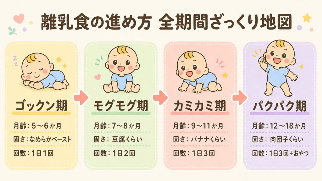 離乳食の進め方を5か月〜18か月までの4ステージで示した全体マップ図解