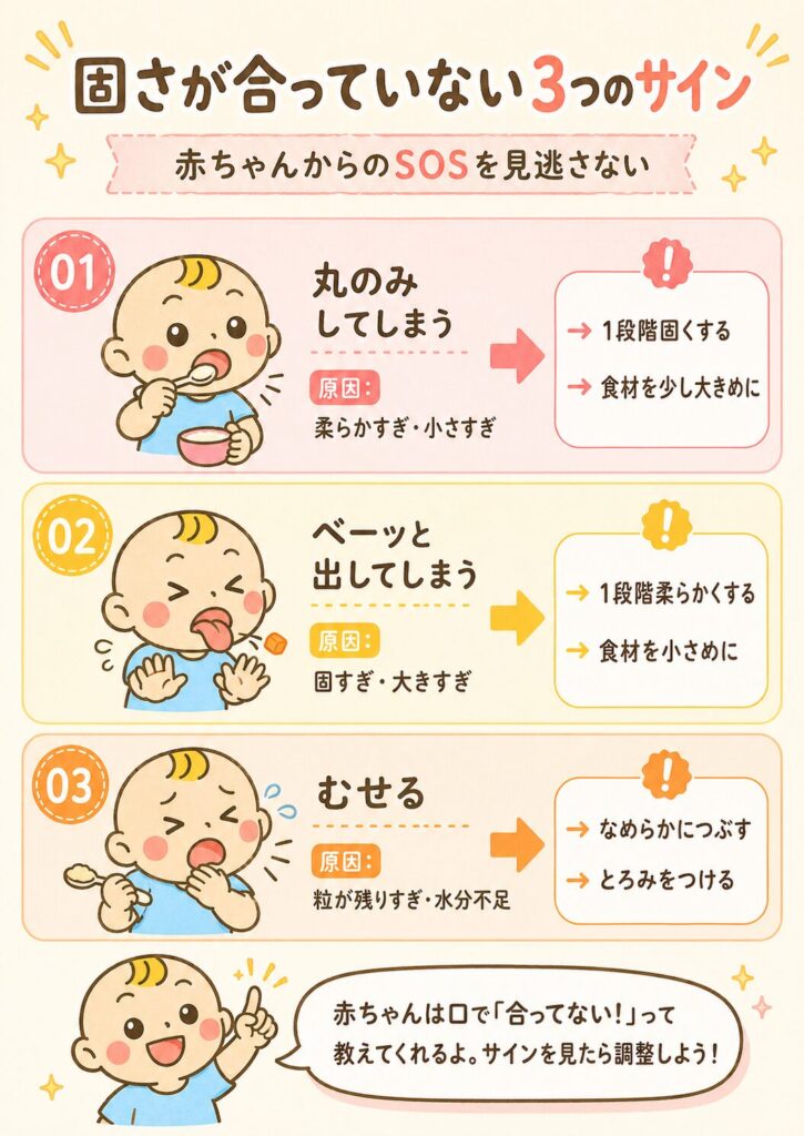 離乳食の固さが合っていないサイン3つを示した図解