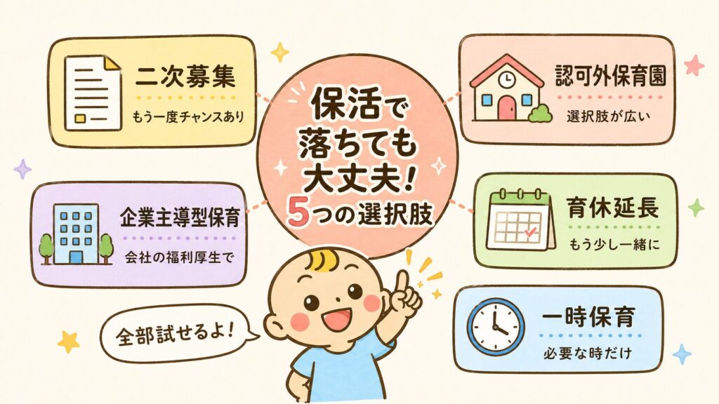 保育園に落ちた後の5つの選択肢（二次募集・認可外・企業主導型・育休延長・一時保育）を放射状に示した図解