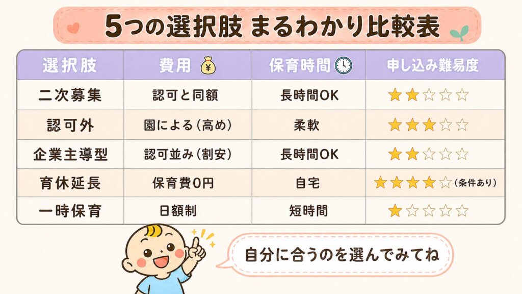 二次募集・認可外・企業主導型・育休延長・一時保育の5つを費用・保育時間・申し込み難易度で比較した表
