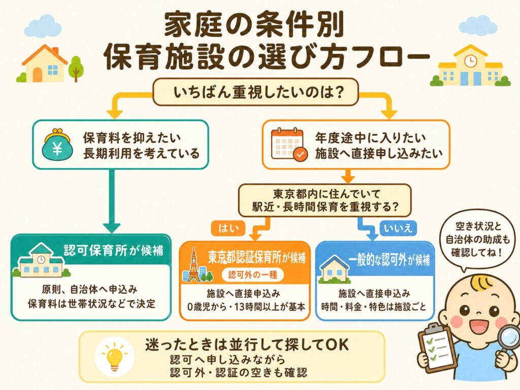 保育料、入園時期、申込方法、居住地から認可保育所・認可外保育施設・東京都認証保育所の候補を絞るフローチャート