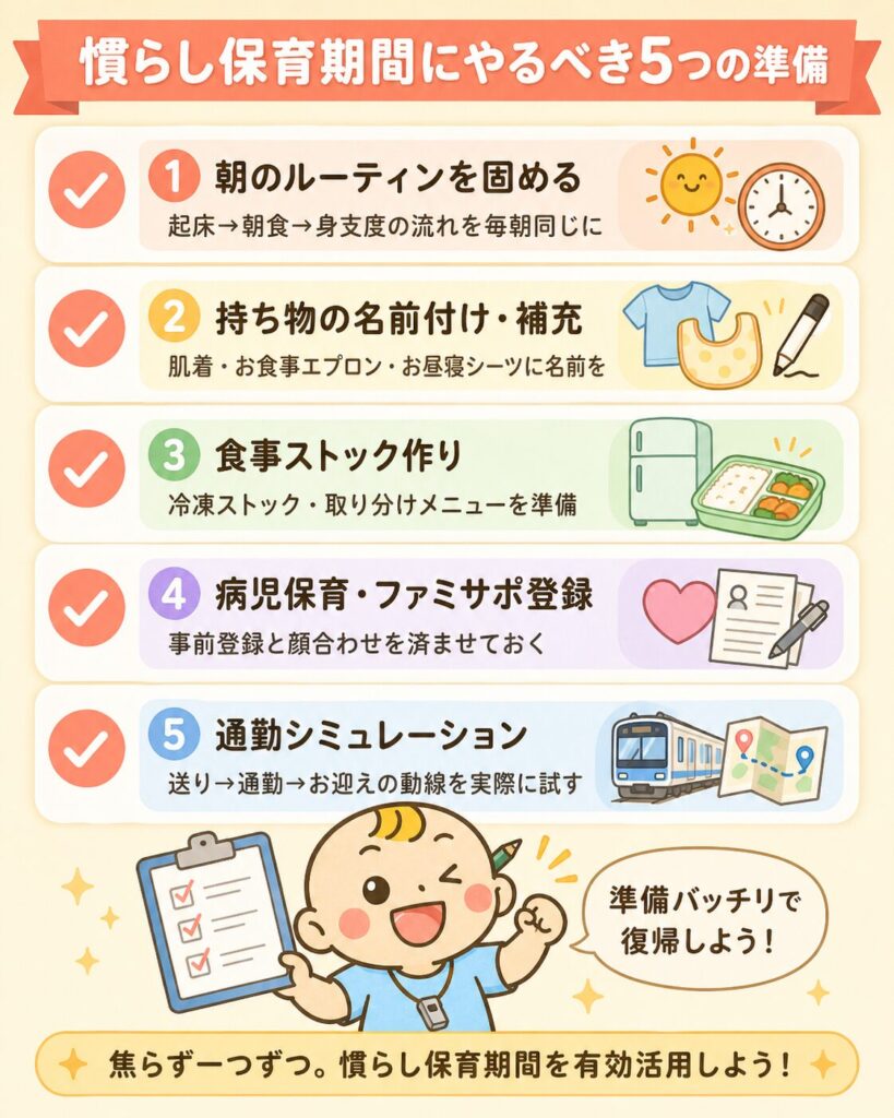 慣らし保育期間にやるべき5つの準備をまとめたチェックリスト図解