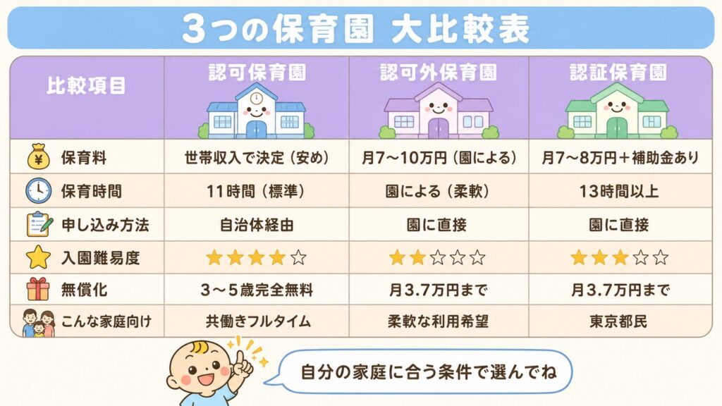 認可・認可外・認証の3つの保育園を費用・保育時間・申し込み難易度で比較した一覧表