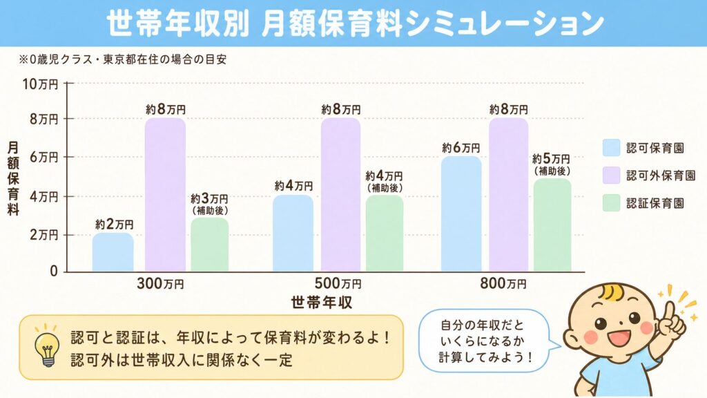 世帯年収別に見た認可・認可外・認証保育園の保育料シミュレーション